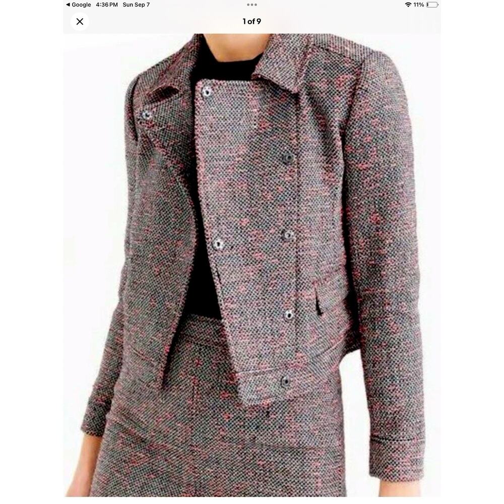 J.Crew Tweed Cropped Moto Jacket, Size 8, Black, White Neon Red, Fall Preppy